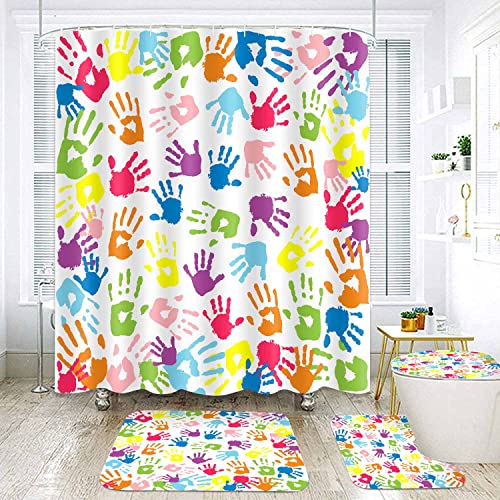 NTETSN 4 PCS Watercolor Shower Curtain, Handprint in Rainbow Color Bathroom Curtain Sets for Kids,Non-Slip Rugs, Toilet Lid Cover, Bath Mat, 12 Hooks for Curtain 72x72 Inch SETYYNT4