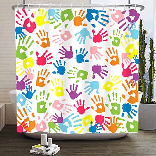 NTETSN 4 PCS Watercolor Shower Curtain, Handprint in Rainbow Color Bathroom Curtain Sets for Kids,Non-Slip Rugs, Toilet Lid Cover, Bath Mat, 12 Hooks for Curtain 72x72 Inch SETYYNT4