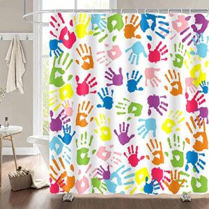 NTETSN 4 PCS Watercolor Shower Curtain, Handprint in Rainbow Color Bathroom Curtain Sets for Kids,Non-Slip Rugs, Toilet Lid Cover, Bath Mat, 12 Hooks for Curtain 72x72 Inch SETYYNT4