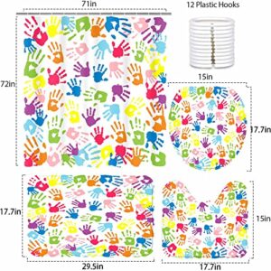 NTETSN 4 PCS Watercolor Shower Curtain, Handprint in Rainbow Color Bathroom Curtain Sets for Kids,Non-Slip Rugs, Toilet Lid Cover, Bath Mat, 12 Hooks for Curtain 72x72 Inch SETYYNT4