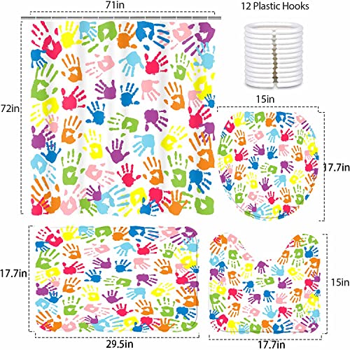 NTETSN 4 PCS Watercolor Shower Curtain, Handprint in Rainbow Color Bathroom Curtain Sets for Kids,Non-Slip Rugs, Toilet Lid Cover, Bath Mat, 12 Hooks for Curtain 72x72 Inch SETYYNT4