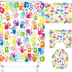 NTETSN 4 PCS Watercolor Shower Curtain, Handprint in Rainbow Color Bathroom Curtain Sets for Kids,Non-Slip Rugs, Toilet Lid Cover, Bath Mat, 12 Hooks for Curtain 72x72 Inch SETYYNT4