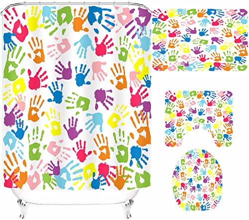 NTETSN 4 PCS Watercolor Shower Curtain, Handprint in Rainbow Color Bathroom Curtain Sets for Kids,Non-Slip Rugs, Toilet Lid Cover, Bath Mat, 12 Hooks for Curtain 72x72 Inch SETYYNT4