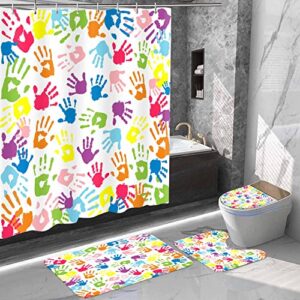 NTETSN 4 PCS Watercolor Shower Curtain, Handprint in Rainbow Color Bathroom Curtain Sets for Kids,Non-Slip Rugs, Toilet Lid Cover, Bath Mat, 12 Hooks for Curtain 72x72 Inch SETYYNT4