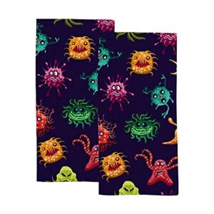 hand towels face towels set of 2 colorful monsters or microbes soft comfortable polyester microfiber fast water absorbent towels for bathroom kitchen 30x15 inch