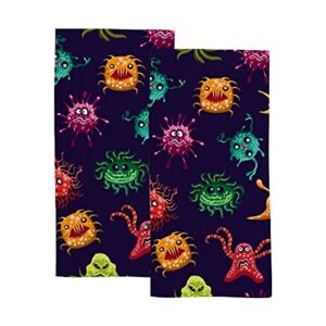 Hand Towels Face Towels Set of 2 Colorful Monsters or Microbes Soft Comfortable Polyester Microfiber Fast Water Absorbent Towels for Bathroom Kitchen 30X15 Inch