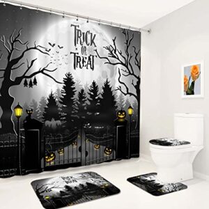 4pc halloween bathroom set, spooky graveyard shower curtain set with shower curtain and rugs and accessories,bat cartoon cat bathroom decor with soft non-slip bath mat and toilet lid cover mat