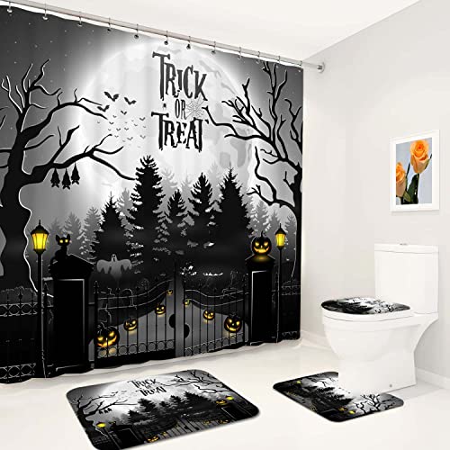 4PC Halloween Bathroom Set, Spooky Graveyard Shower Curtain Set with Shower Curtain and Rugs and Accessories,Bat Cartoon Cat Bathroom Decor with Soft Non-Slip Bath Mat and Toilet Lid Cover Mat