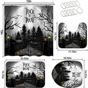 4PC Halloween Bathroom Set, Spooky Graveyard Shower Curtain Set with Shower Curtain and Rugs and Accessories,Bat Cartoon Cat Bathroom Decor with Soft Non-Slip Bath Mat and Toilet Lid Cover Mat