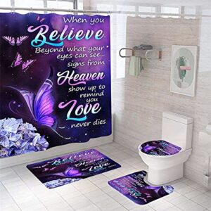 butterfly shower curtain sets with non-slip rugs,bath mat,toilet lid cover and 12 hooks,waterproof polyester modern style floating purple bath sets bathroom decor 4pcs