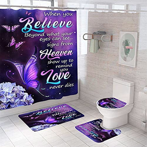 Butterfly Shower Curtain Sets with Non-Slip Rugs,Bath Mat,Toilet Lid Cover and 12 Hooks,Waterproof Polyester Modern Style Floating Purple Bath Sets Bathroom Decor 4Pcs