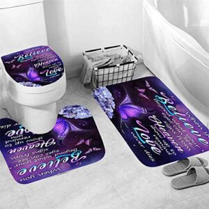 Butterfly Shower Curtain Sets with Non-Slip Rugs,Bath Mat,Toilet Lid Cover and 12 Hooks,Waterproof Polyester Modern Style Floating Purple Bath Sets Bathroom Decor 4Pcs