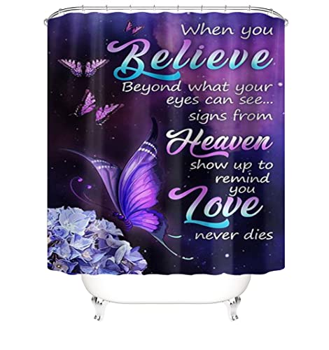 Butterfly Shower Curtain Sets with Non-Slip Rugs,Bath Mat,Toilet Lid Cover and 12 Hooks,Waterproof Polyester Modern Style Floating Purple Bath Sets Bathroom Decor 4Pcs