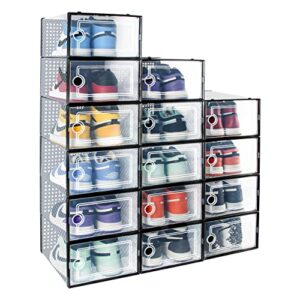 hrrsaki 15 pack foldable shoe storage boxes, shoe boxes clear plastic stackable, shoe organizer boxes with front opening lids, ventilation and dust-proof, shoe container boxes for closet, bedroom, bathroom, fit for women/men size 9(13” x 9” x 5.5”) (black