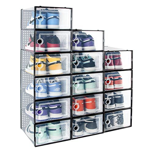 Hrrsaki 15 Pack Foldable Shoe Storage Boxes, Shoe Boxes Clear Plastic Stackable, Shoe Organizer Boxes with Front Opening Lids, Ventilation and Dust-proof, Shoe Container Boxes for Closet, Bedroom, Bathroom, Fit for Women/Men Size 9(13” x 9” x 5.5”) (black