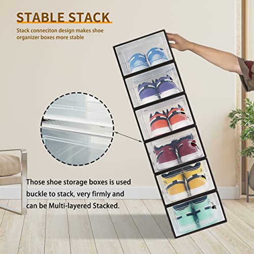 Hrrsaki 15 Pack Foldable Shoe Storage Boxes, Shoe Boxes Clear Plastic Stackable, Shoe Organizer Boxes with Front Opening Lids, Ventilation and Dust-proof, Shoe Container Boxes for Closet, Bedroom, Bathroom, Fit for Women/Men Size 9(13” x 9” x 5.5”) (black