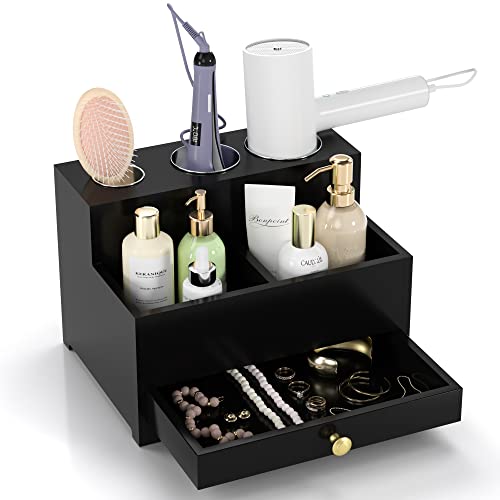 Bathroom Hair Tool Organizer Storage, Black Hair Dryer Curling Iron Holder with Drawer, Skin Care Organizer for Dresser, Vanity Caddy Countertop Organizer Stand for Makeup Brush, Perfume - with 3 Cups