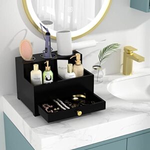 Bathroom Hair Tool Organizer Storage, Black Hair Dryer Curling Iron Holder with Drawer, Skin Care Organizer for Dresser, Vanity Caddy Countertop Organizer Stand for Makeup Brush, Perfume - with 3 Cups