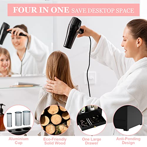 Bathroom Hair Tool Organizer Storage, Black Hair Dryer Curling Iron Holder with Drawer, Skin Care Organizer for Dresser, Vanity Caddy Countertop Organizer Stand for Makeup Brush, Perfume - with 3 Cups