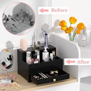 Bathroom Hair Tool Organizer Storage, Black Hair Dryer Curling Iron Holder with Drawer, Skin Care Organizer for Dresser, Vanity Caddy Countertop Organizer Stand for Makeup Brush, Perfume - with 3 Cups