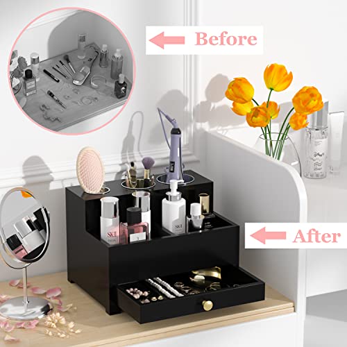 Bathroom Hair Tool Organizer Storage, Black Hair Dryer Curling Iron Holder with Drawer, Skin Care Organizer for Dresser, Vanity Caddy Countertop Organizer Stand for Makeup Brush, Perfume - with 3 Cups