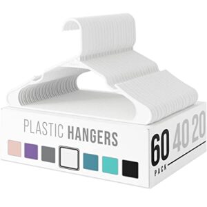 plastic clothes hangers | durable coat and clothes hangers | vibrant color hangers | lightweight space saving laundry hangers | 20, 40, 60 available (60 pack - white)