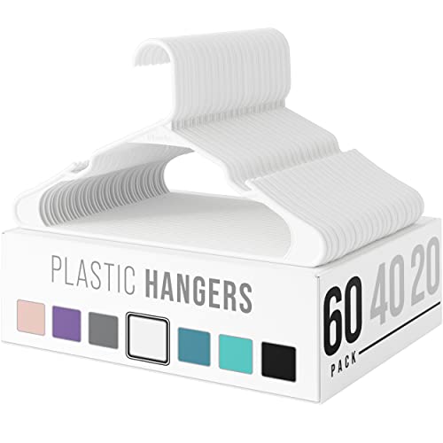 Plastic Clothes Hangers | Durable Coat and Clothes Hangers | Vibrant Color Hangers | Lightweight Space Saving Laundry Hangers | 20, 40, 60 Available (60 Pack - White)