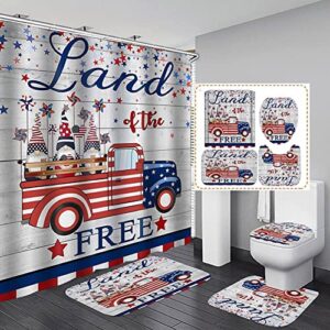 4pcs 4th of july shower curtain set with non-slip rugs,toilet lid cover bath mat,independence day flag shower curtain hooks,gnome truck bathroom decor set patriotic bathdecor (3 gnomes and truck)