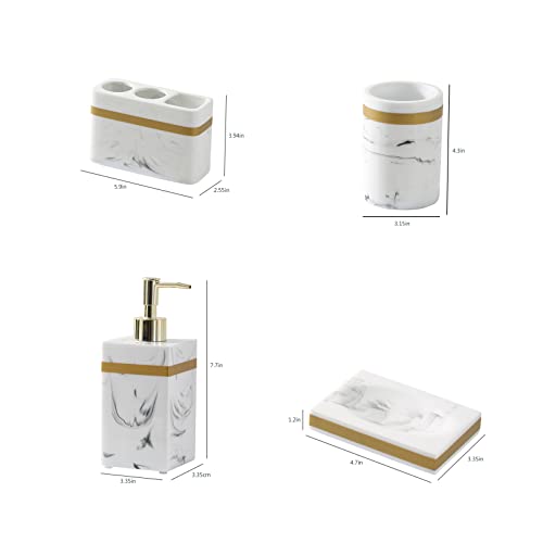 5 Pcs Bathroom Accesary Set Marble Look Bathroom Sets Accessory Marble Imitation Resin with Soap Dispenser Pump, Toothbrush Holder, 2 Rinsing Cup, Soap Dish (White)