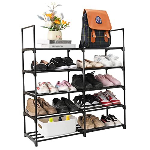 JUMAIPRO 5-Tiers Shoe Rack, 20 Pairs Shoe Storage Organizer, Double Row Free Standing Shoe Racks, Metal Stackable Shoe Tower, Black Shoe Shelf for Entryway Closet Bedroom Hallway Patio