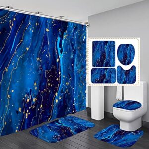bathroom sets with shower curtain and rugs, bathroom curtains shower set include waterproof shower curtain non-slip rug toilet lid cover bath mat and 12 hooks, blue marble shower curtains for bathroom