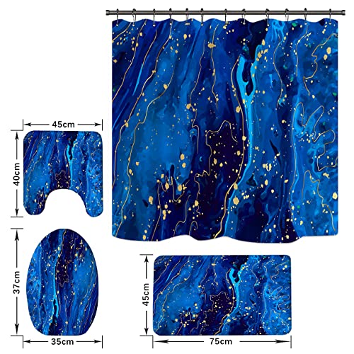 Bathroom Sets with Shower Curtain and Rugs, Bathroom Curtains Shower Set Include Waterproof Shower Curtain Non-Slip Rug Toilet Lid Cover Bath Mat and 12 Hooks, Blue Marble Shower Curtains for Bathroom