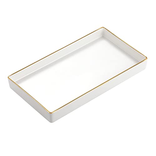 Luxspire Bathroom Vanity Tray, Ceramic Decorative Tray Jewelry Counter Storage Organizer, Gold Edged Dresser Kitchen Sink Tray for Perfume Candle Holder Bathroom Accessories -S- Matte White