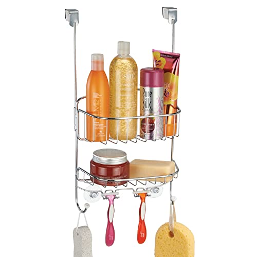 mDesign Steel Over Door Hanging Shower Caddy Storage Organizer with 2 Baskets, 6 Hooks - Shelf Rack for Bathroom - Holds Shampoo, Conditioner, Soap, Towel, Sponge - Draper Collection - Chrome/White