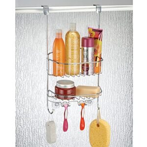 mDesign Steel Over Door Hanging Shower Caddy Storage Organizer with 2 Baskets, 6 Hooks - Shelf Rack for Bathroom - Holds Shampoo, Conditioner, Soap, Towel, Sponge - Draper Collection - Chrome/White