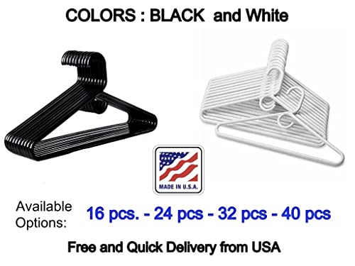 Plastic Hangers HD Heavy Duty, 32 Pcs. White Color, Made in USA, 3/8” Thickness, Durable, Tubular, Lightweight, for Clothes, Coat, Pants, Shirts, Dress, TINEFF, Free and Quick delivery from USA