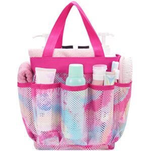mesh shower bag for dorm room - 9” x 9” x 9.5” toiletry shower caddy for women students tie dyed pattern shower tote large capacity portable with 8 pocket for gym college bathroom beach essentials