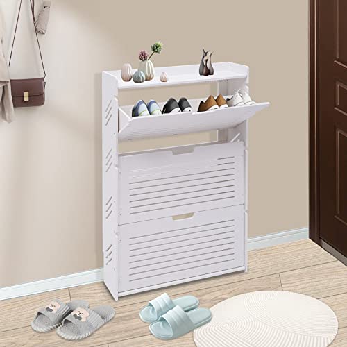 3 Drawer Shoe Cabinet, Freestanding Flip-up Shoe Storage Organizer, Modern Tipping Bucket Shoe Rack for Entryway, Living Room, and Hallway