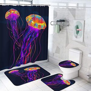duobaorom 4 pieces set jellyfish shower curtain set abstract ocean marine animal picture on non-slip rugs toilet lid cover bath mat and bathroom curtain with 12 hooks 72x72inch