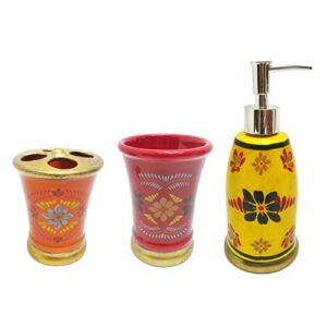 paseo road by hiend accents | bonita talavera 3 piece western floral ceramic countertop bathroom accessories set with soap lotion dispenser, tumbler, toothbrush holder, rustic southwestern style