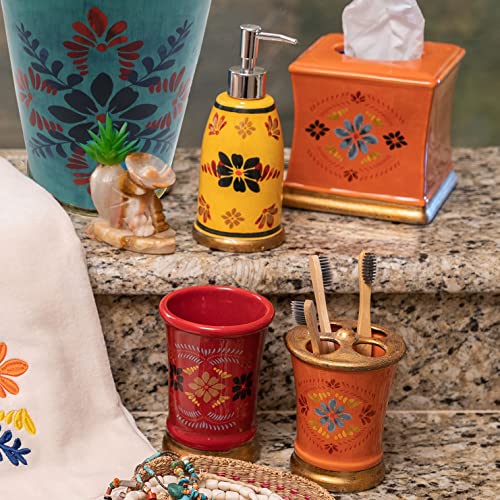 Paseo Road by HiEnd Accents | Bonita Talavera 3 Piece Western Floral Ceramic Countertop Bathroom Accessories Set with Soap Lotion Dispenser, Tumbler, Toothbrush Holder, Rustic Southwestern Style