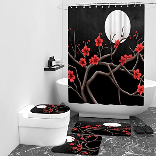 FEIFANMEI Red Flowers & Full Moon 4 Pcs Shower Curtain Sets Non-Slip Rug Toilet Lid Cover & Bath Mat Durable Waterproof Fabric 12 Hooks (72x72 inch)