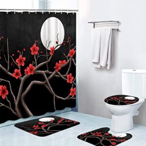 feifanmei red flowers & full moon 4 pcs shower curtain sets non-slip rug toilet lid cover & bath mat durable waterproof fabric 12 hooks (72x72 inch)