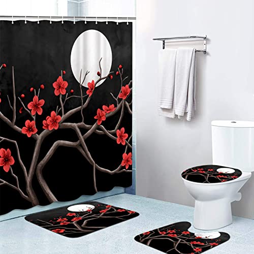 FEIFANMEI Red Flowers & Full Moon 4 Pcs Shower Curtain Sets Non-Slip Rug Toilet Lid Cover & Bath Mat Durable Waterproof Fabric 12 Hooks (72x72 inch)