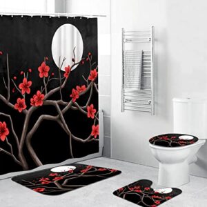 FEIFANMEI Red Flowers & Full Moon 4 Pcs Shower Curtain Sets Non-Slip Rug Toilet Lid Cover & Bath Mat Durable Waterproof Fabric 12 Hooks (72x72 inch)