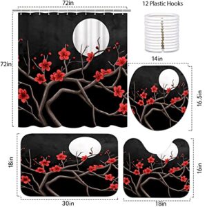 FEIFANMEI Red Flowers & Full Moon 4 Pcs Shower Curtain Sets Non-Slip Rug Toilet Lid Cover & Bath Mat Durable Waterproof Fabric 12 Hooks (72x72 inch)