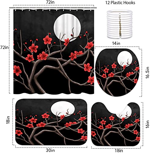 FEIFANMEI Red Flowers & Full Moon 4 Pcs Shower Curtain Sets Non-Slip Rug Toilet Lid Cover & Bath Mat Durable Waterproof Fabric 12 Hooks (72x72 inch)