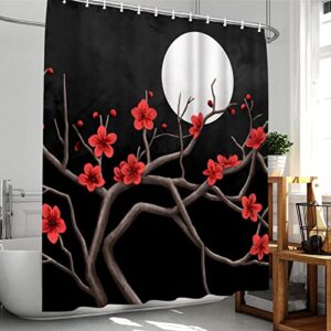 FEIFANMEI Red Flowers & Full Moon 4 Pcs Shower Curtain Sets Non-Slip Rug Toilet Lid Cover & Bath Mat Durable Waterproof Fabric 12 Hooks (72x72 inch)