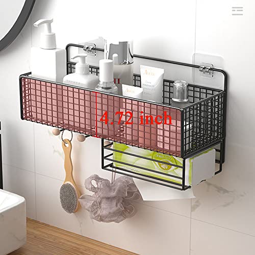 Shower Caddy Shelf with Hooks and Paper Rack Punch-free Bathroom Storage Rack Organizer No Drilling Wall Mounted Stainless Steel Shower Basket Storage Shelf (Golden)