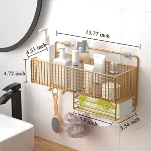 Shower Caddy Shelf with Hooks and Paper Rack Punch-free Bathroom Storage Rack Organizer No Drilling Wall Mounted Stainless Steel Shower Basket Storage Shelf (Golden)